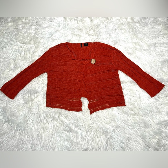 Etoile Burnt Orange Open Knit One Button 3/4 Sleeve Cardigan Sweater - Picture 3 of 9